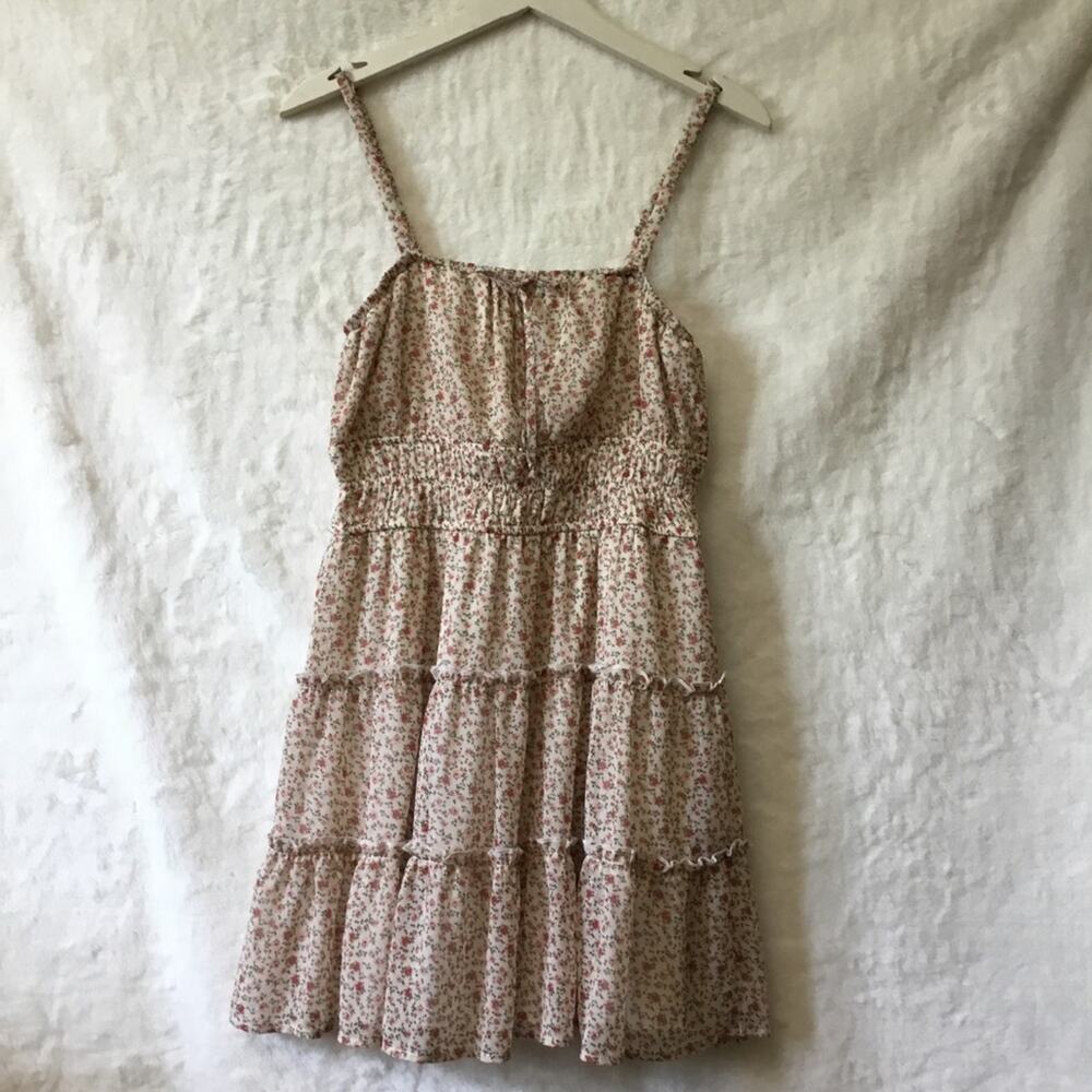Trixxi Tan Floral-Print Chiffon Tiered Fit & Flare Dress
